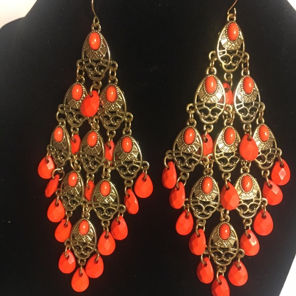 Boho Gold & Coral Beaded Dangling Earrings - Picture 2 of 7